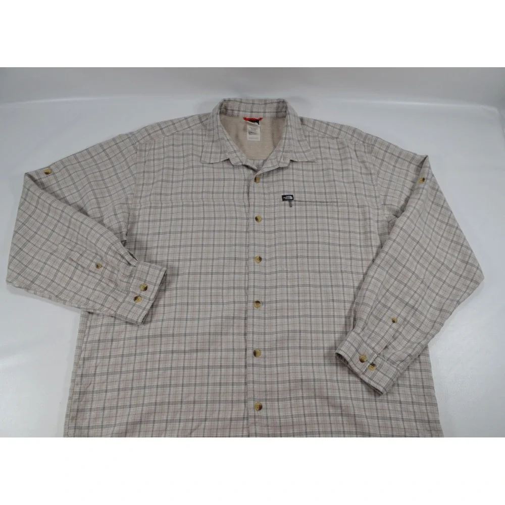 The North Face Long Sleeve Button Up Shirt Men's Size XL Beige Black Plaid‎ Nice